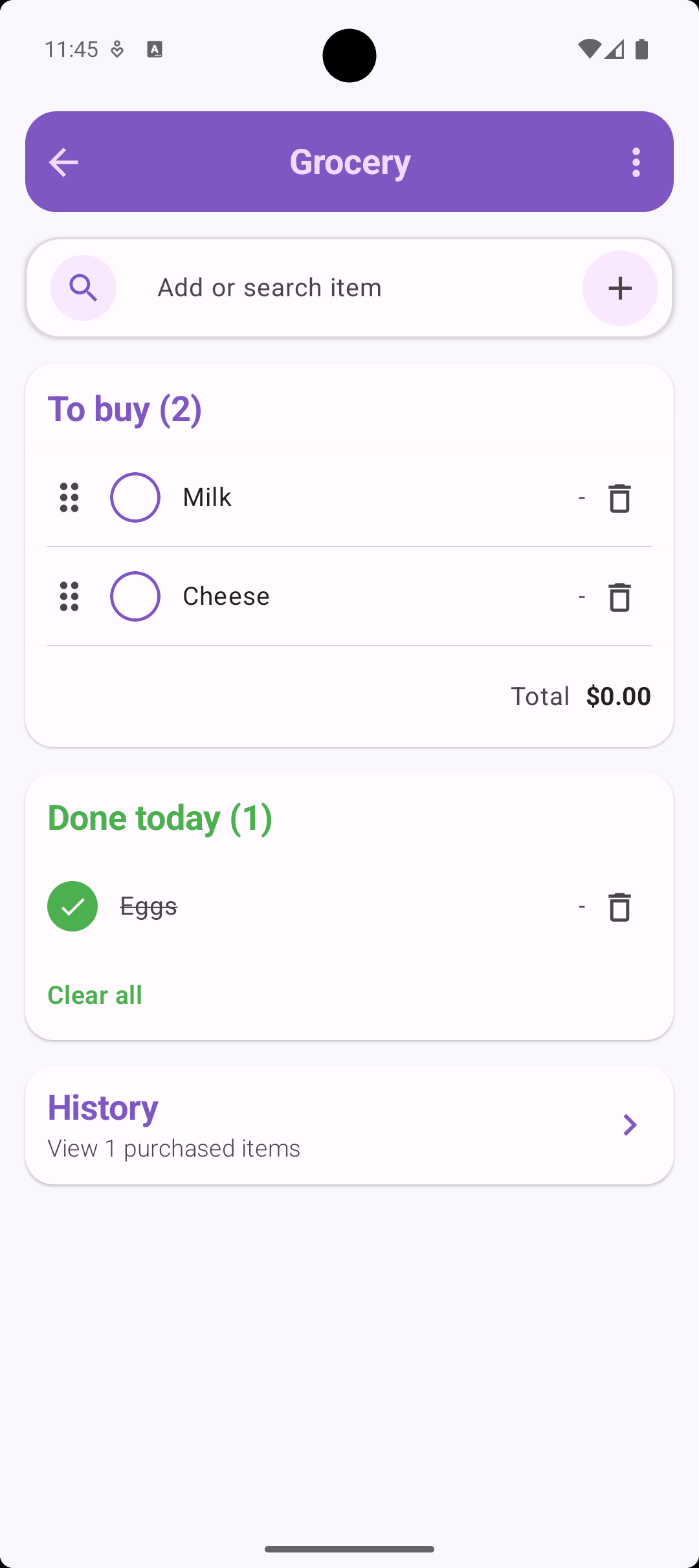 ListMinder grocery screen showing to-buy items, done-today items, and purchase history.